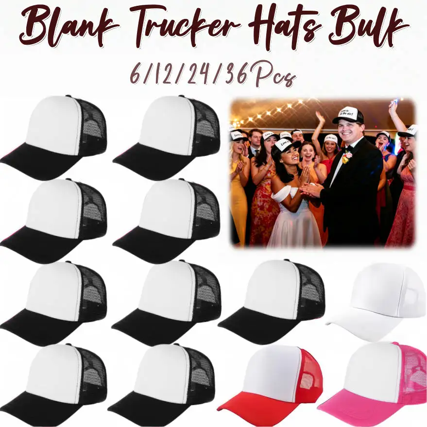 Trucker Cap Mesh - หมวกทรัคเกอร์เปล่า 6-36 ชิ้น สำหรับงานแต่งงาน DIY หมวกเบสบอลแบบปรับได้สำหรับทุกเพศ