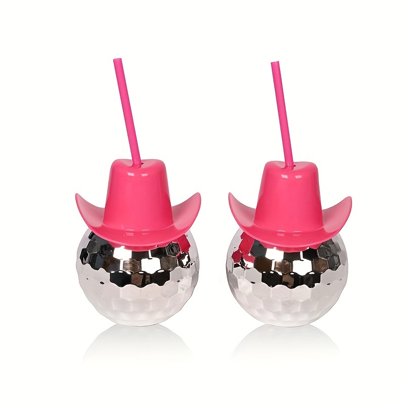 Cowboy Hat Straw - แก้วน้ำทรงหมวกคาวบอยแบบดิสโก้บอลพร้อมหลอด 20 ออนซ์ แก้วดิสโก้แบบมีประกาย แก้วพลาสติกแบบใช้ซ้ำได้สำหรับงานปาร์ตี้ งานเลี้ยงสละโสด
