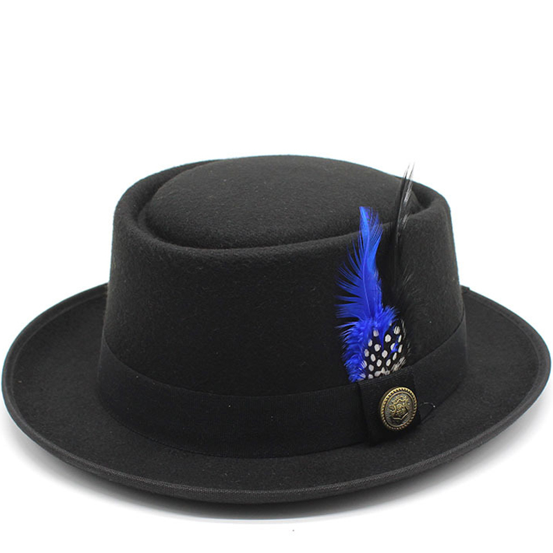 Fedora Hat Wool - หมวกพายหมูวินเทจหมวกขนสัตว์ปีกกว้างสำหรับผู้ชายหมวกสีดำทรงเฟโดร่าสำหรับผู้ชายริบบิ้นแนวแจ๊สสำหรับโบสถ์หมวกสุภาพบุรุษ