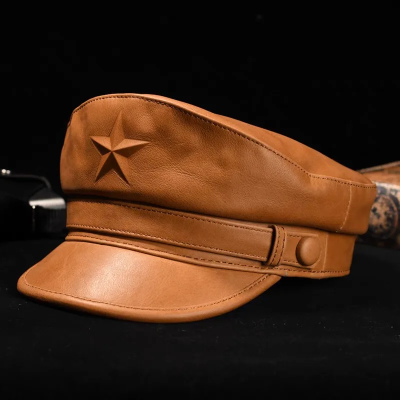 Snapback Hat Flat - นวนิยายกองทัพหมวกสําหรับชาย Retro แบนหมวกทหารสําหรับชายหนังแท้ Cowskin สีดําสีน้ําตาลหมวกยุโรปเข็มขัด Chapeau