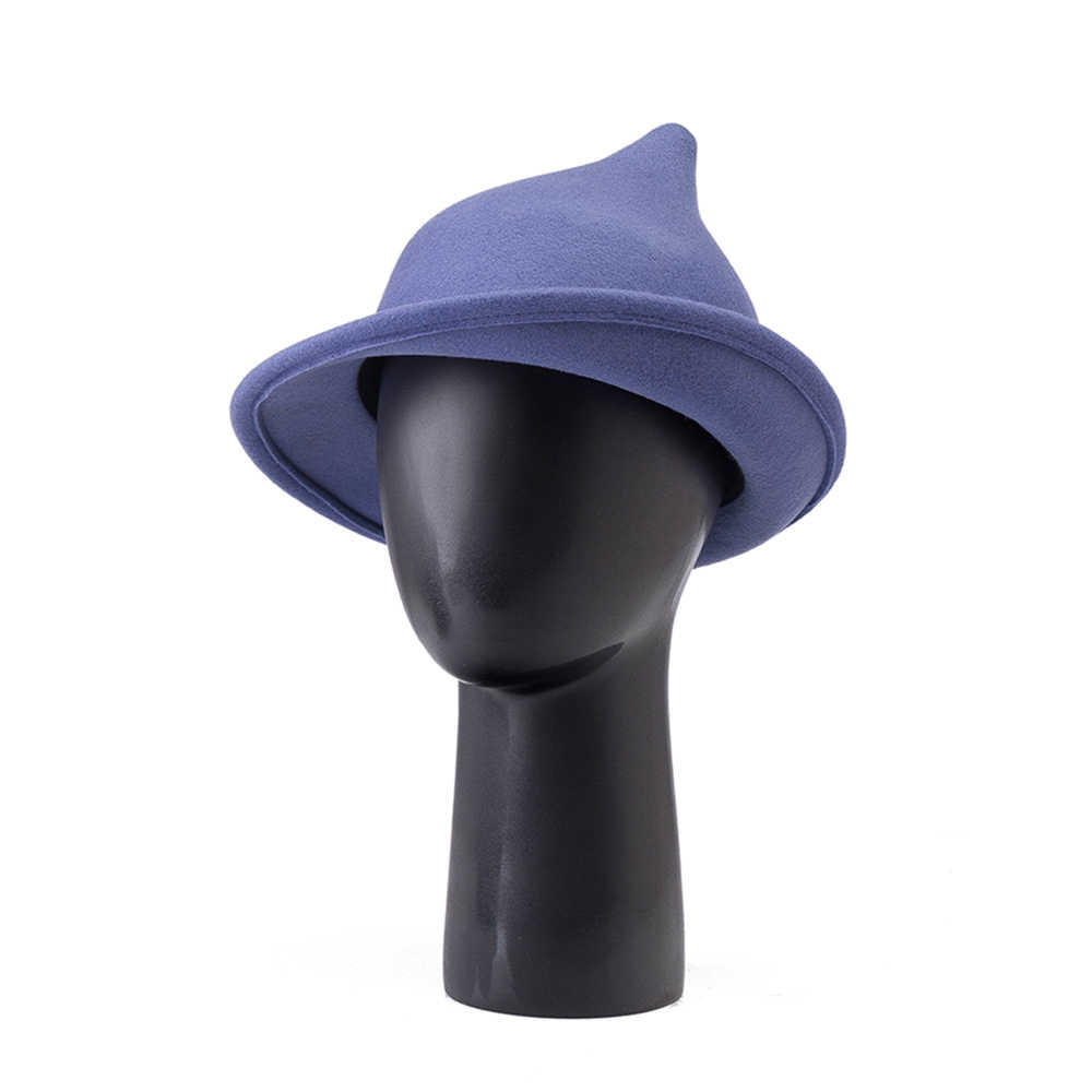 Fedora Hat Wool - แฟชั่นแม่มด 100% ขนสัตว์ชี้หมวกแม่มดรีด Brim สําหรับ Halloween