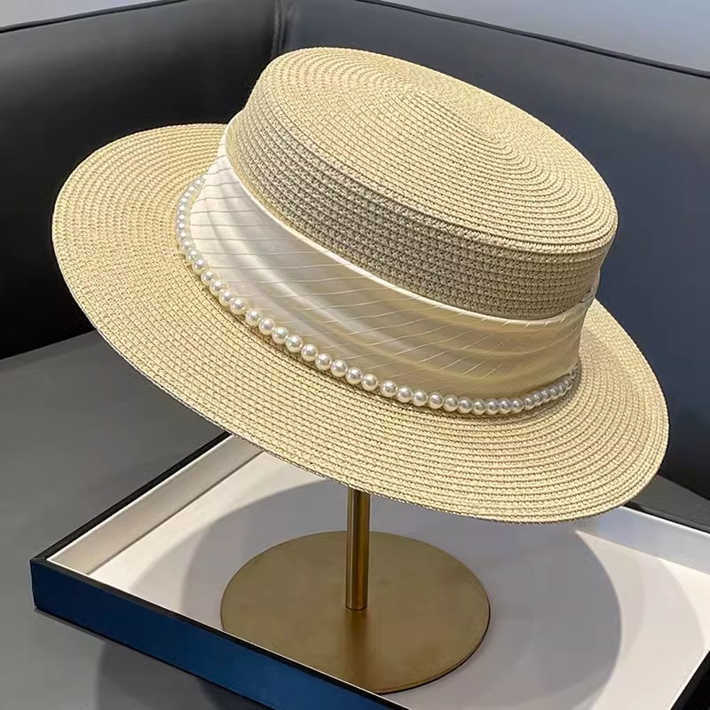 Sun Hat Wide Brim - หมวกสไตล์ใหม่ปี 2025 ทรงเรโทร ปีกแบน สไตล์ผู้หญิง หมวกฟางสำหรับฤดูร้อน