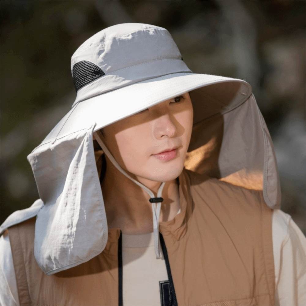 Visor Sun Hat - หมวกแฟชั่นผ้าสำหรับผู้ชาย ปีกกว้าง ผ้าคลุมถอดได้ หมวกกันแดดสำหรับผู้หญิง พร้อมสายคล้องคอ ป้องกันแสงแดด