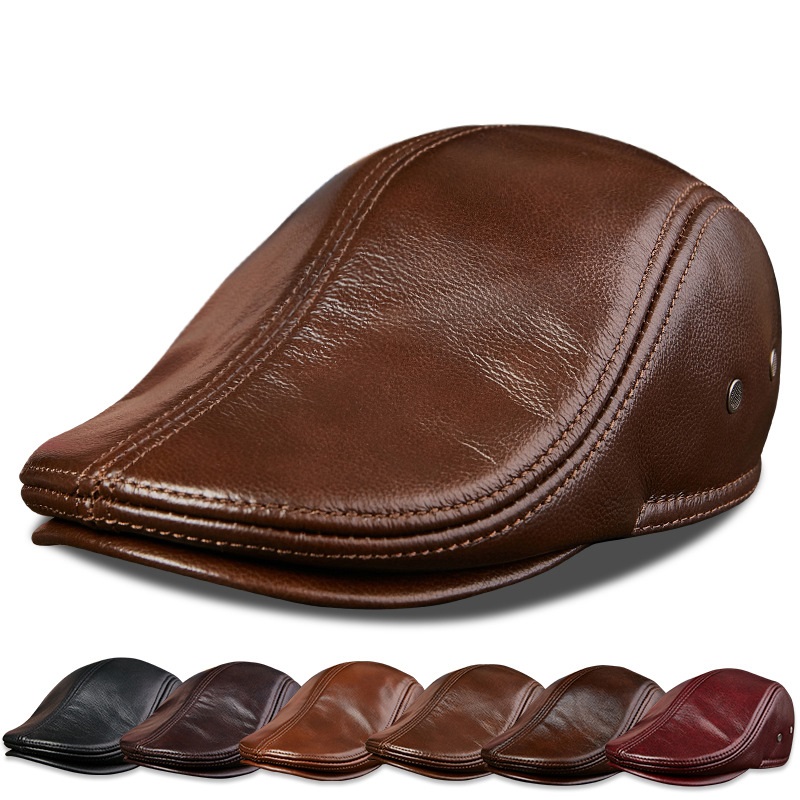 Baseball Cap Structured - ของแท้ Cowhide หนังผู้ชาย Berets หมวกหมวกคุณภาพสูงแฟชั่นผู้ชายจริงหนังผู้ใหญ่หมวกสีดํา