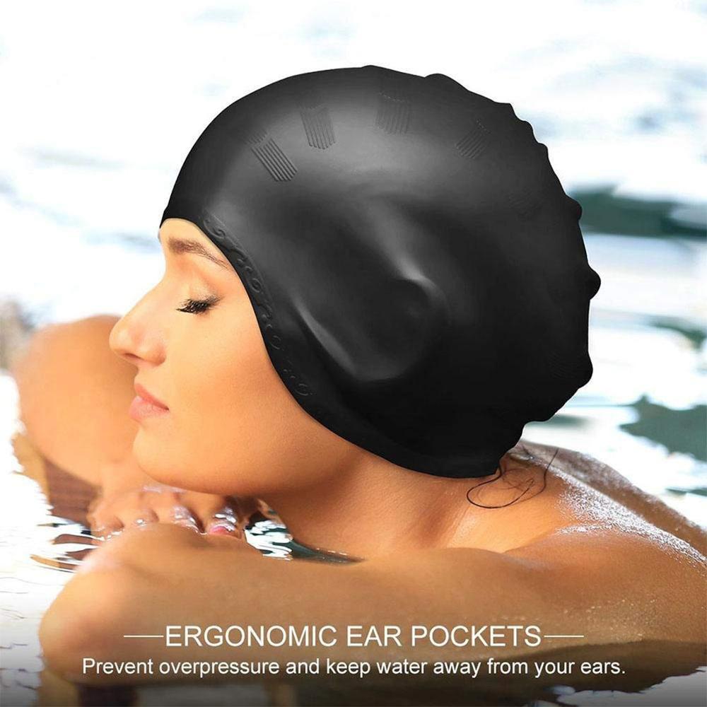 Swim Hat Silicone - ผู้ใหญ่หมวกว่ายน้ํายืดหยุ่นสูงผู้ชายผู้หญิงสระว่ายน้ํากันน้ําหมวกป้องกันหูผมยาวซิลิโคนขนาดใหญ่หมวกดําน้ํา