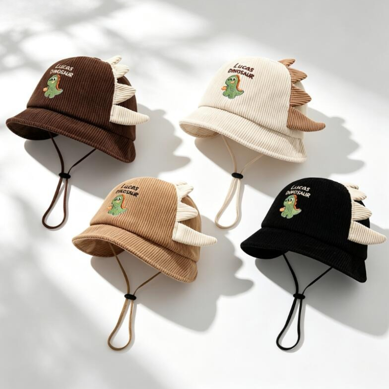 Bucket Hat Cotton - หมวกกันแดดเด็กน่ารักสำหรับฤดูใบไม้ผลิและฤดูใบไม้ร่วง น้ำหนักเบา ลายไดโนเสาร์ ปีกกว้าง พร้อมเชือกกันลมสำหรับเด็กชายและเด็กหญิง