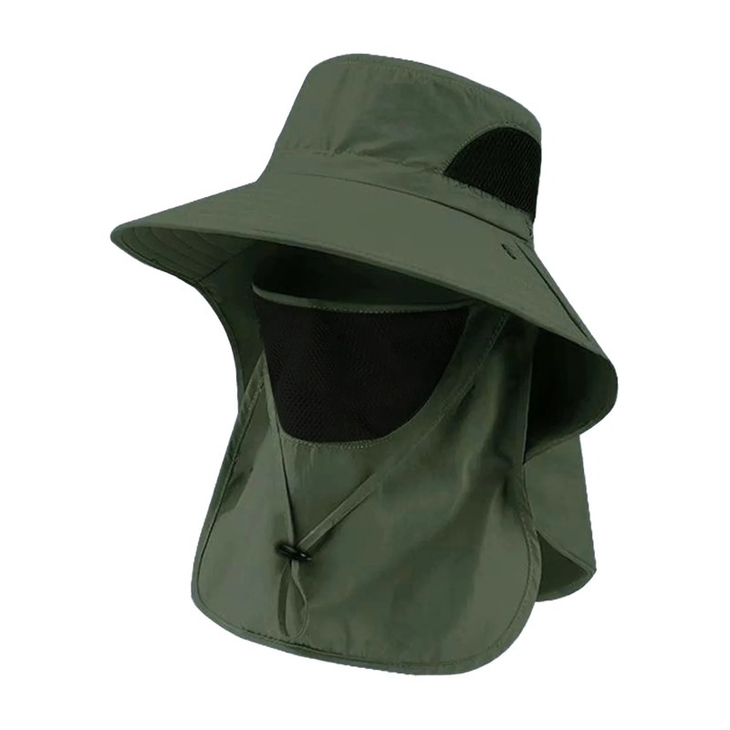 Sun Hat Wide Brim - หมวกตกปลาโพลีเอสเตอร์พร้อมผ้าคลุมคอ ปีกกว้าง ป้องกันรังสียูวี ระบายอากาศได้ดี พร้อมสายรัดคาง สำหรับชายหาด