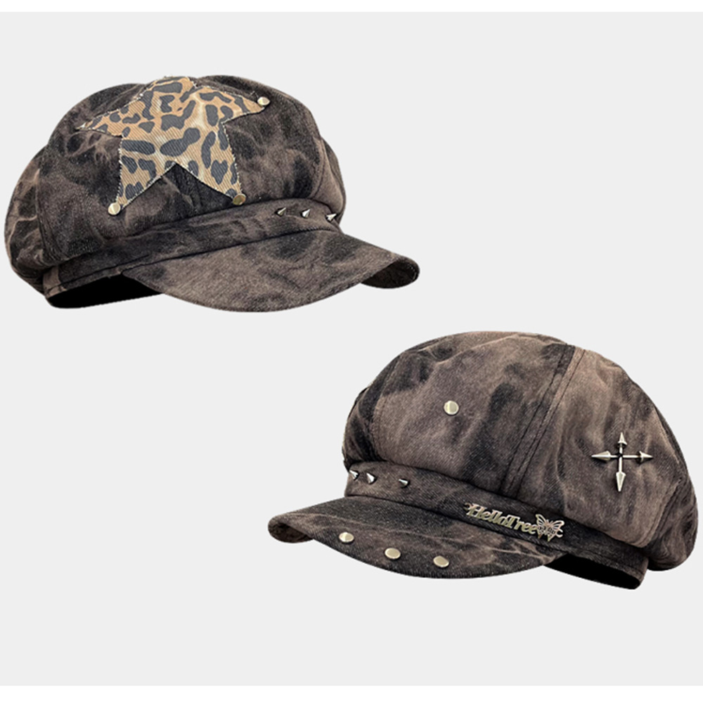 Dad Hat Cotton - Y2Kส่วนบุคคลสติกเกอร์Rivet Design Beretsหมวกผู้หญิงฤดูใบไม้ผลิและฤดูใบไม้ร่วงแฟชั่นอเนกประสงค์Retro Tie-Dye Newsboyหมวก