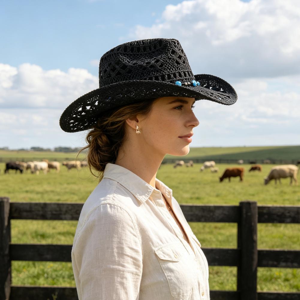 Cowboy Hat Straw - หมวกคาวบอยปีกกว้าง หมวกทำสวนที่สวมใส่สบาย หมวกคาวบอยสำหรับผู้หญิง หมวกปีกกว้าง หมวกฟางกันแดด ระบายอากาศได้ดี