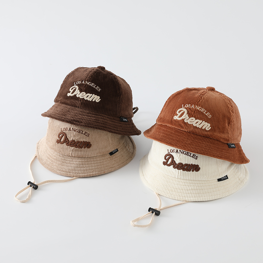 Bucket Hat Cotton - หมวกกันแดดสีพื้นสำหรับเด็ก หมวกทรงบักเก็ตผ้าคอร์ดูรอยสำหรับเด็กชายและเด็กหญิง ป้องกันแสงแดด พร้อมปักตัวอักษร เหมาะสำหรับกิจกรรมกลางแจ้ง