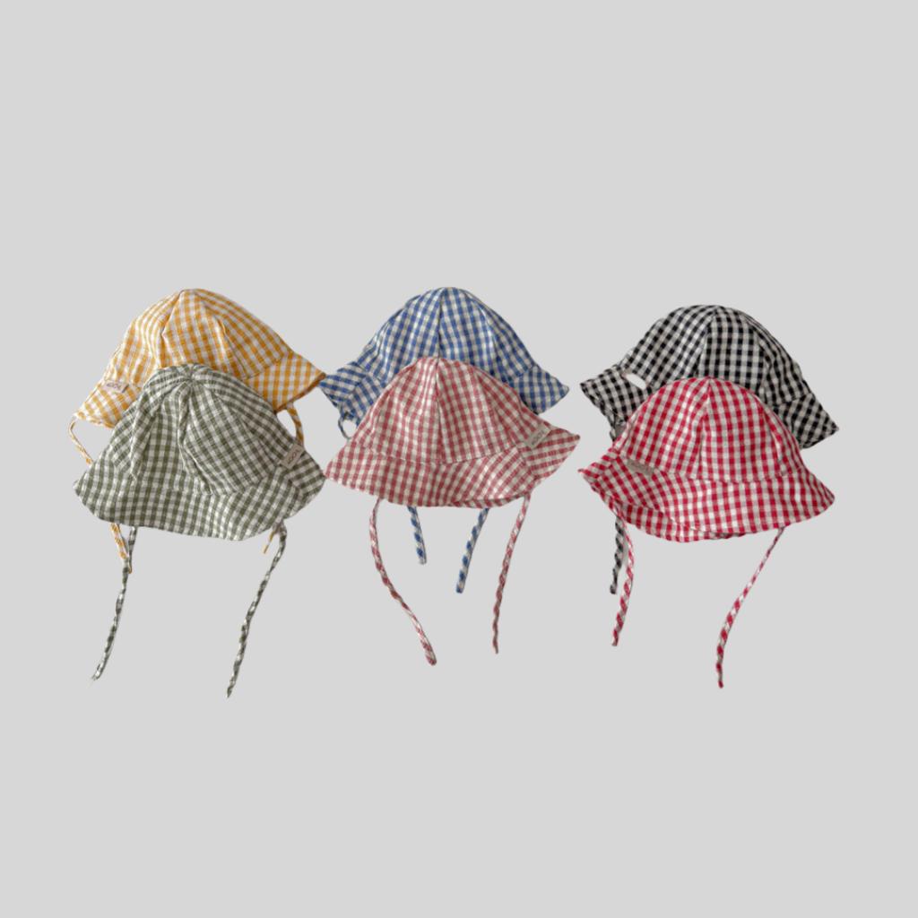 Bucket Hat Cotton - Ins สไตล์ลายสก๊อตหมวกเด็กฤดูใบไม้ผลิฤดูร้อนบางกว้าง Brim หมวกป้องกันแสงแดดพร้อมสายรัดปรับระดับได้ทารกเด็กวัยหัดเดินหมวกเด็ก