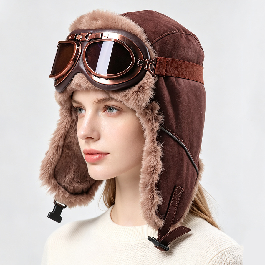 Winter Trapper Hat - หมวกนักบินวินเทจพร้อมแว่นตา หมวกกันลมบุซับในหนาและอบอุ่น หมวกนักบิน หมวกทรูเปอร์ หมวกทรัปเปอร์สำหรับผู้ชายและผู้หญิง เหมาะสำหรับปั่นจักรยานและเล่นสกีในฤดูหนาว